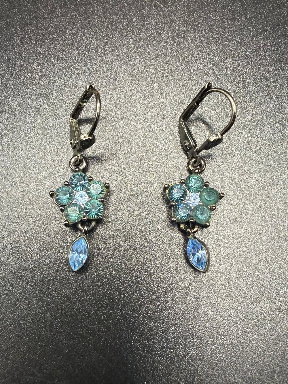 Vintage Givenchy blue rhinestone flower drop earrings dark silver-tone finish